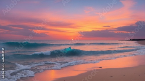 AI generated illustration of a sandy beach with rolling waves at calm pink sunset © B Balli/Wirestock Creators