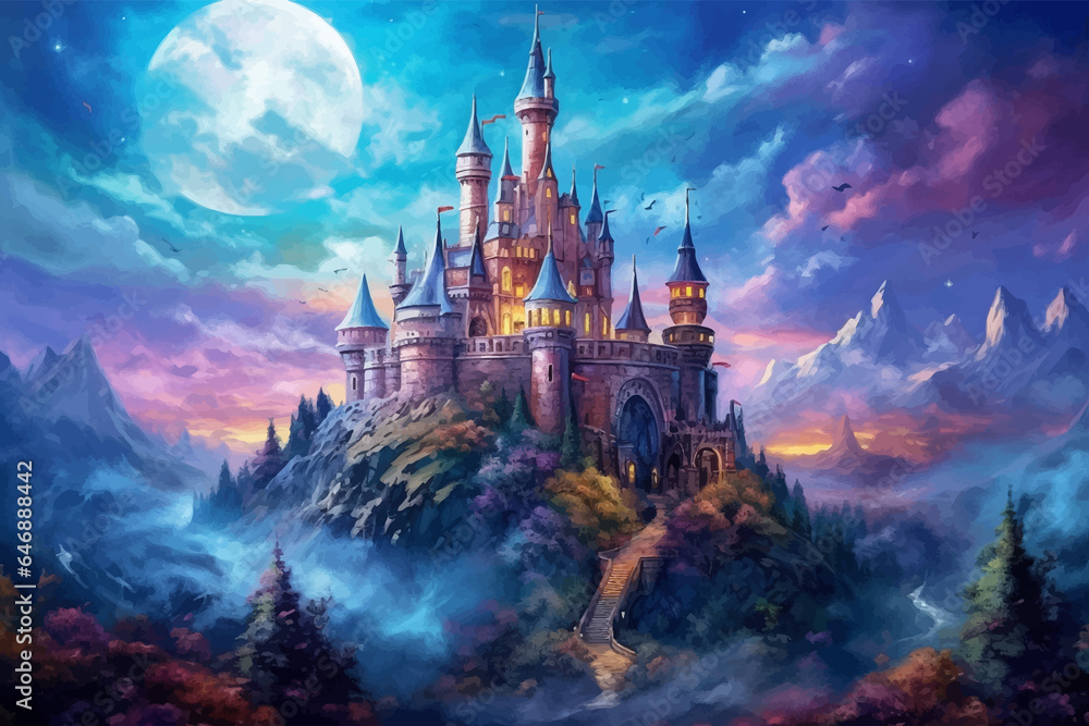 Castle, bridge and river under the full moon. Princess Castle on the cliff. Fairy tale castle in the mountains. Fantasy Night landscape. Castle on the hill. Fairy city. Kingdom. Magic tower. Art - obrazy, fototapety, plakaty 