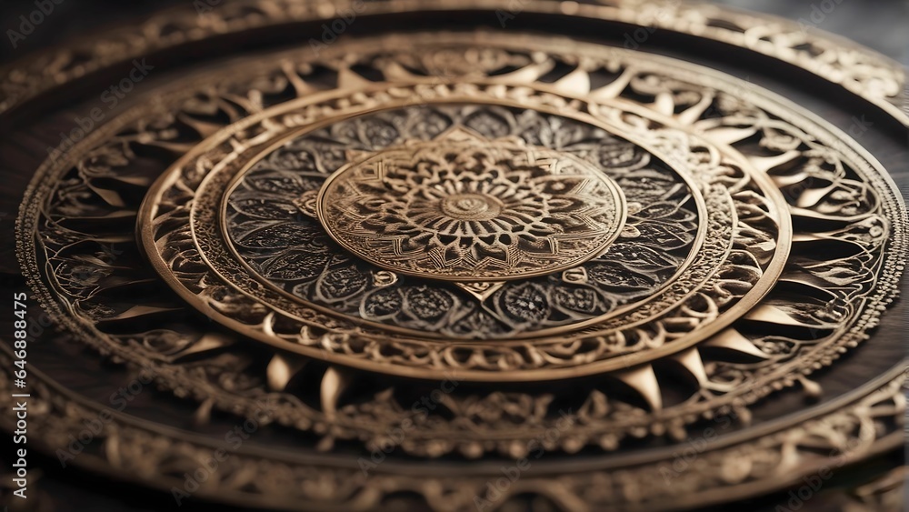 a circular golden metal plate with designs and decorative elements on the top