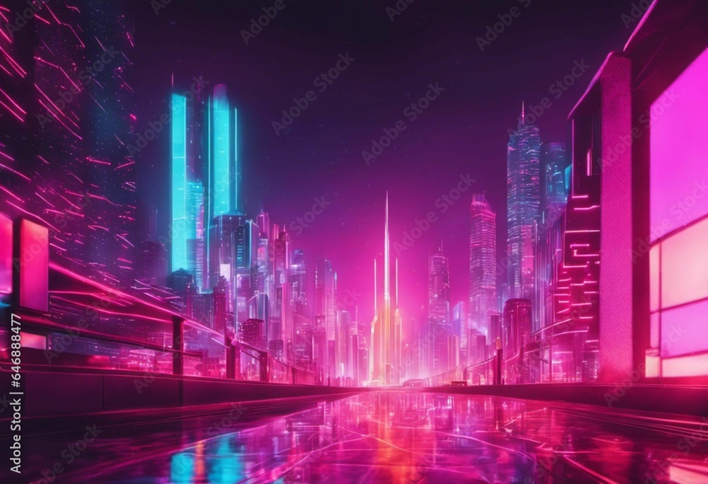 an abstract city with neon lights and reflections on the ground