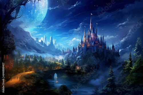 Castle, bridge and river under the full moon. Princess Castle on the cliff. Fairy tale castle in the mountains. Fantasy Night landscape. Castle on the hill. Fairy city. Kingdom. Magic tower. Art © Zakhariya