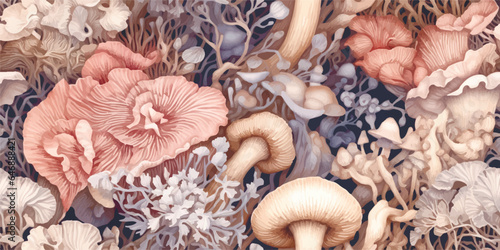 Seamless botanical autumn pattern vintage pastel color, ream, brown, soft pink. Mushroom and flower, beautiful florals, leaves and buds. Woodland garden in nature. Colorful vector illustration.