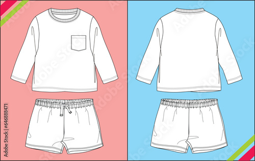 GIRLS CREW NECK, FULL SLEEVE TOP AND BOTTOM SHORTS, FORNT POCKET, FRONT AND BACK VIEW TECHNICAL FASHION FLAT SKETCH