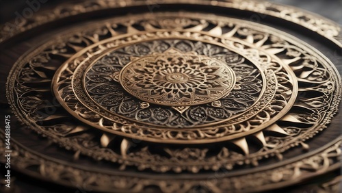 a circular golden metal plate with designs and decorative elements on the top