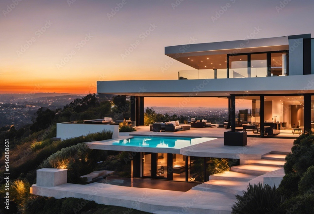 Stunning modern home perched on a hilltop, AI-generated.