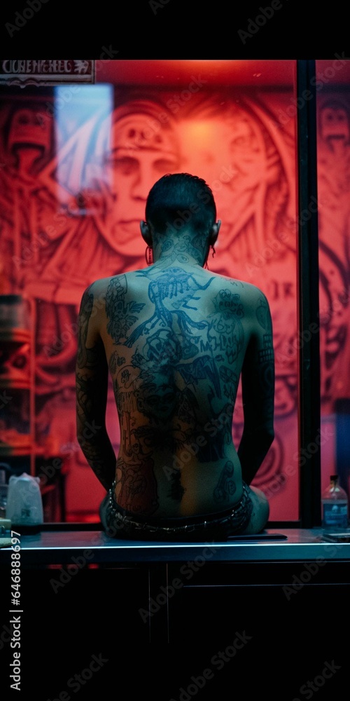 AI generated illustration of a tattooed man seated in front of a mirror AI generated illustration of a tattooed man seated in front of a mirror