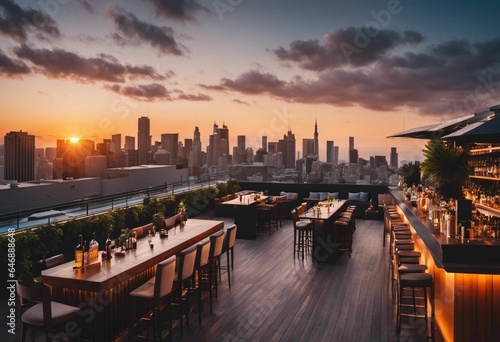 Modern rooftop bar with a picturesque view of a city skyline at sunset, AI-generated.