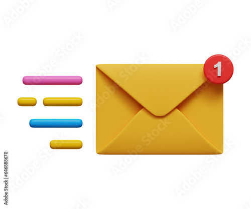 3D online chatting icon. Quick and fast online communication. Sending email. Mail icon with notification and speed lines. 3d illustration