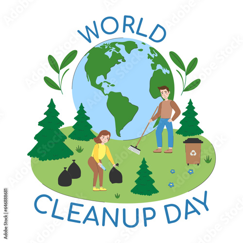 World Cleanup Day holiday design. Volunteers clean up trash against the backdrop of planet earth. Caring for nature. Vector flat illustration for banner, poster, greeting card.