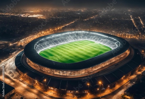 Aerial view of a soccer stadium at night, AI-generated. © Storyfootage/Wirestock Creators