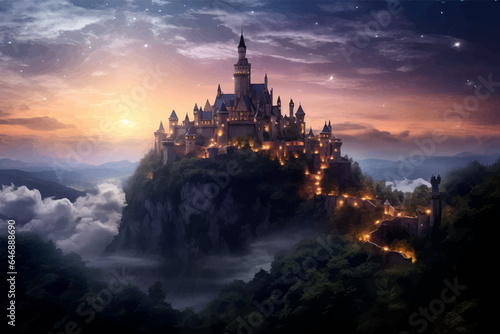 Castle  bridge and river under the full moon. Princess Castle on the cliff. Fairy tale castle in the mountains. Fantasy Night landscape. Castle on the hill. Fairy city. Kingdom. Magic tower. Art
