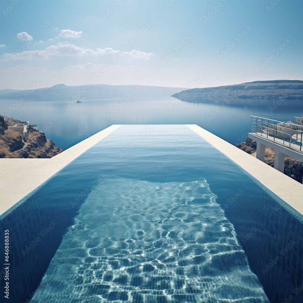 Fondo con detalle de vistas desde piscina infinita con vistas a mar e islas con cielo soleado