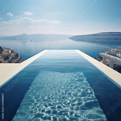 Fondo con detalle de vistas desde piscina infinita con vistas a mar e islas con cielo soleado © Iridium Creatives