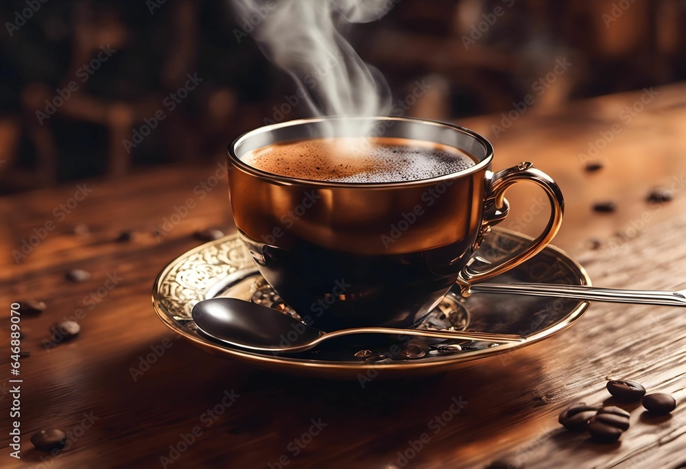 AI generated illustration of a steaming cup of coffee in a steampunk style on a wooden table AI generated illustration of a steaming cup of coffee in a steampunk style on a wooden table