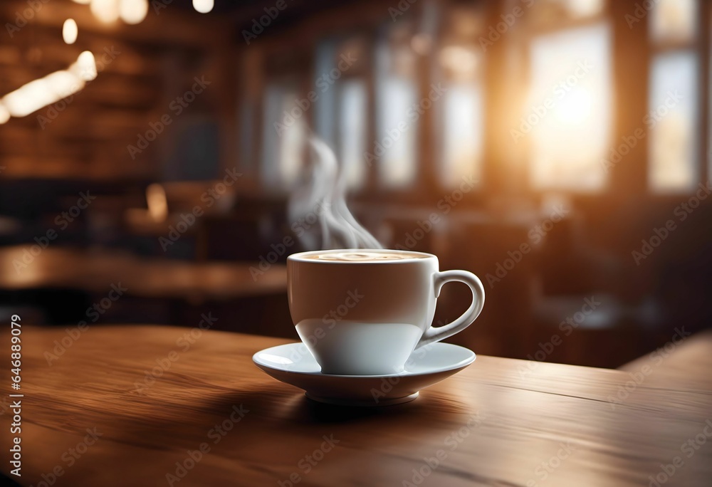 AI generated illustration of a cup of freshly brewed steaming hot coffee placed on a wooden table AI generated illustration of a cup of freshly brewed steaming hot coffee placed on a wooden table