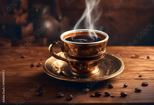 AI generated illustration of a cup of freshly brewed coffee with steam rising from it