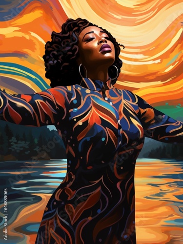 AI generated illustration of an African American woman looking up to the sky in an abstract style