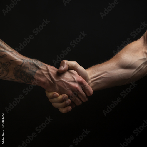 Fondo con detalle de apreton de manos entre dos personas musculadas con tatuajes