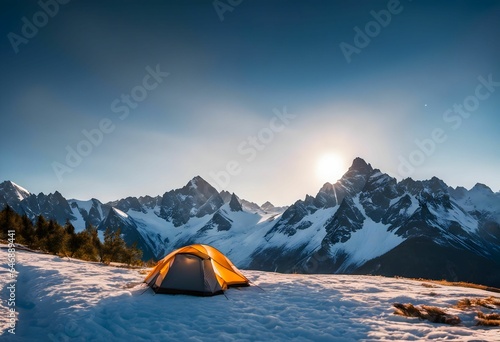 AI generated illustration of people camping in tents in a snowy mountaineous landscape photo