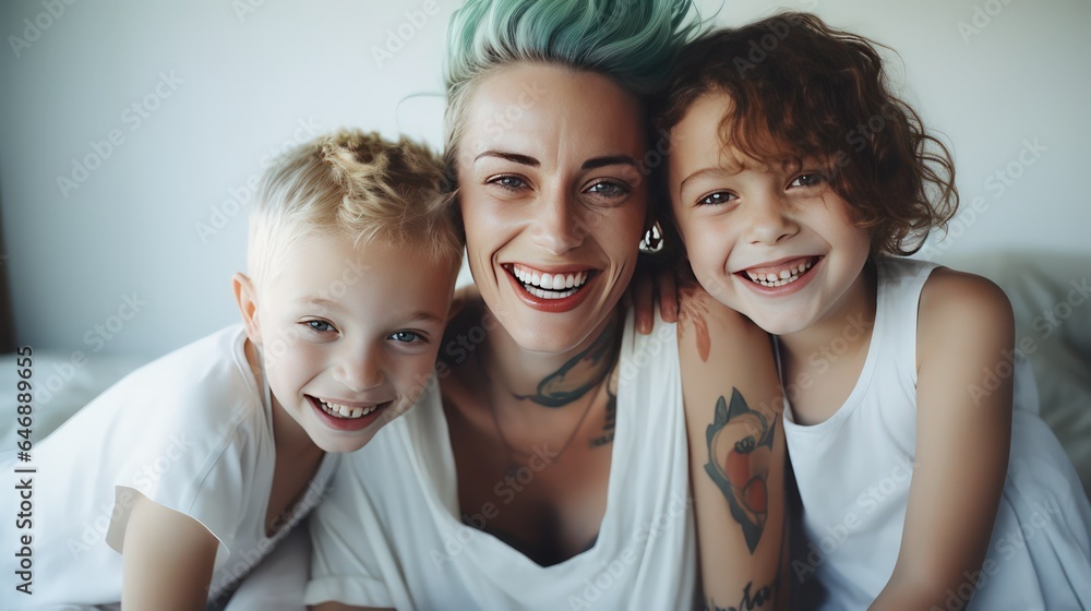 Joyful Mother and Children in White Room Joyful Mother and Children in White Room