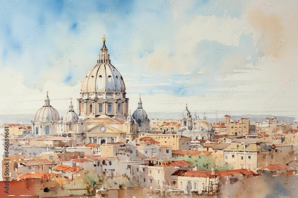 AI generated illustration of a watercolor painting of Rome cityscape