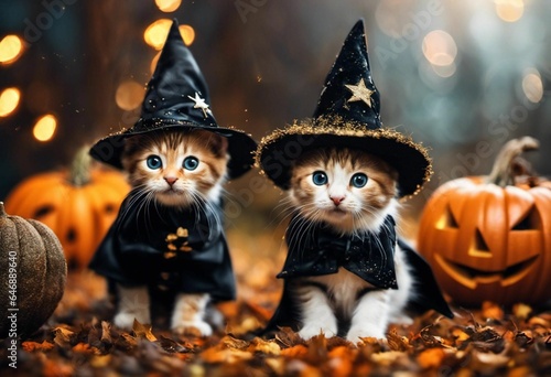 Fototapeta AI generated illustration of Two playful kittens dressed in Halloween costumes
