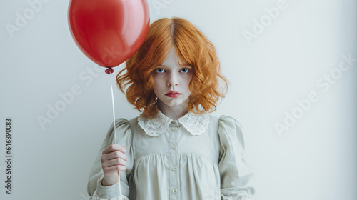 girl in a clown costume holding single red balloon