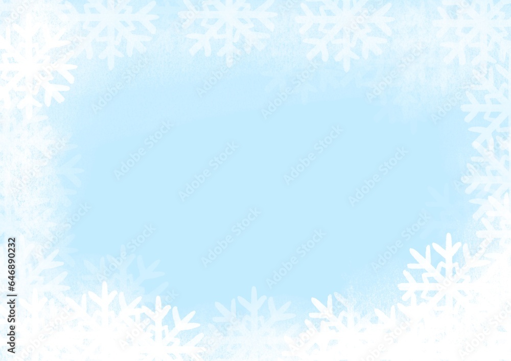 White colored snow and snowflakes at bottom of blue horizontal Christmas background. abstract winter illustration. new year celebration design card with empty copy space.  ice crystals frame 