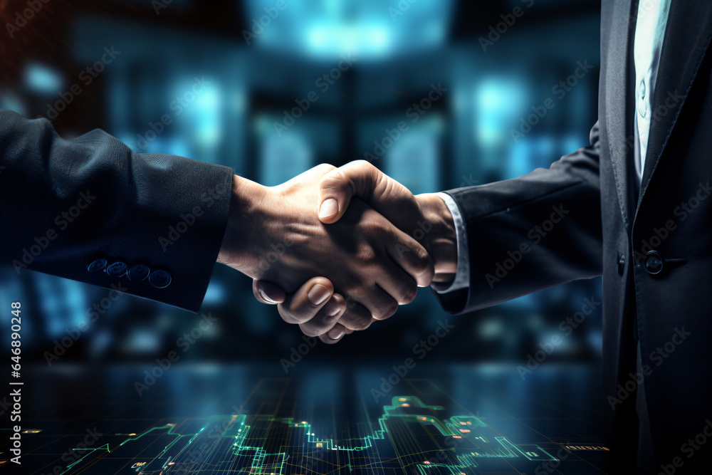 handshake takes place in front of a stock market chart,successful partnership or agreement in the realm of technology-driven stock trading and investment - obrazy, fototapety, plakaty 