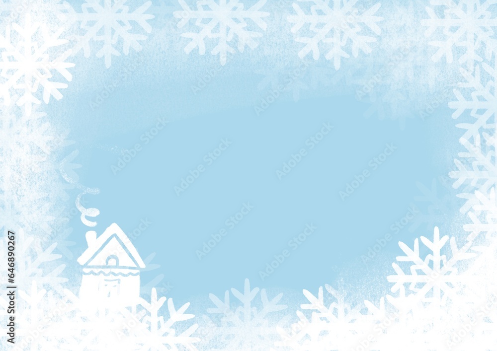 White snow, snowflakes, cozy house at bottom of blue horizontal Christmas background. beautiful countryside  winter illustration. new year celebration design frame card with empty copy space