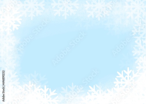 Fototapeta Naklejka Na Ścianę i Meble -  White colored snow and snowflakes at bottom of blue horizontal Christmas background. abstract winter illustration. new year celebration design card with empty copy space.  ice crystals frame 