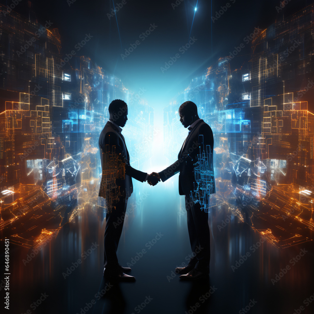 handshake takes place in front of a stock market chart,successful partnership or agreement in the realm of technology-driven stock trading and investment handshake takes place in front of a stock market chart,successful partnership or agreement in the realm of technology-driven stock trading and investment