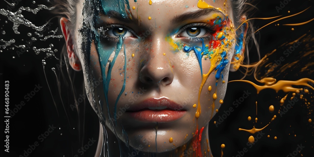 AI generated illustration of a woman with vibrant colors of paint covering her skin