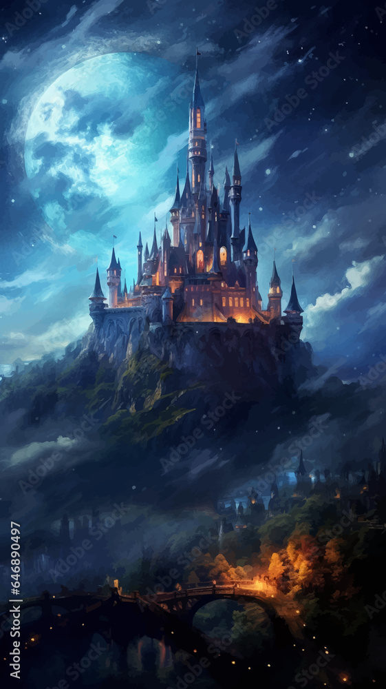 Castle, bridge and river under the full moon. Princess Castle on the cliff. Fairy tale castle in the mountains. Fantasy Night landscape. Castle on the hill. Fairy city. Kingdom. Magic tower. Art Castle, bridge and river under the full moon. Princess Castle on the cliff. Fairy tale castle in the mountains. Fantasy Night landscape. Castle on the hill. Fairy city. Kingdom. Magic tower. Art