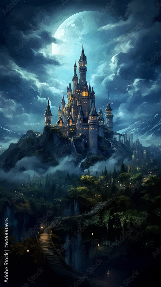 Castle, bridge and river under the full moon. Princess Castle on the cliff. Fairy tale castle in the mountains. Fantasy Night landscape. Castle on the hill. Fairy city. Kingdom. Magic tower. Art Castle, bridge and river under the full moon. Princess Castle on the cliff. Fairy tale castle in the mountains. Fantasy Night landscape. Castle on the hill. Fairy city. Kingdom. Magic tower. Art