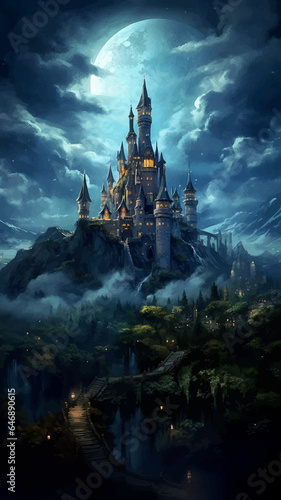 Castle  bridge and river under the full moon. Princess Castle on the cliff. Fairy tale castle in the mountains. Fantasy Night landscape. Castle on the hill. Fairy city. Kingdom. Magic tower. Art