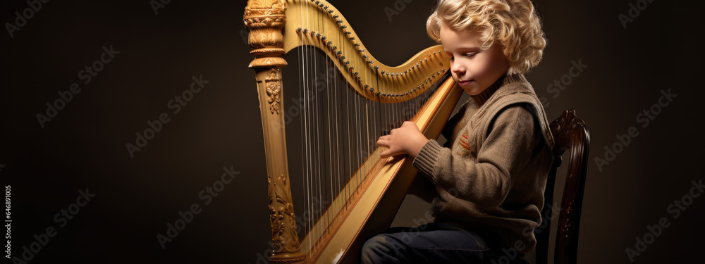 Fototapeta premium Little boy plays the harp