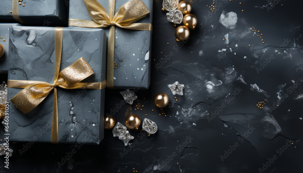 white Christmas presents on black concrete background,flat lay,top view,minimalism.generative ai white Christmas presents on black concrete background,flat lay,top view,minimalism.generative ai