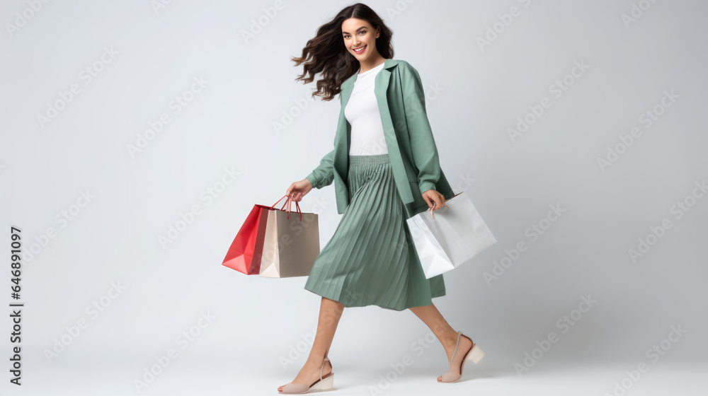 Beautiful attractive smiling woman holding shopping bags posing on light grey background