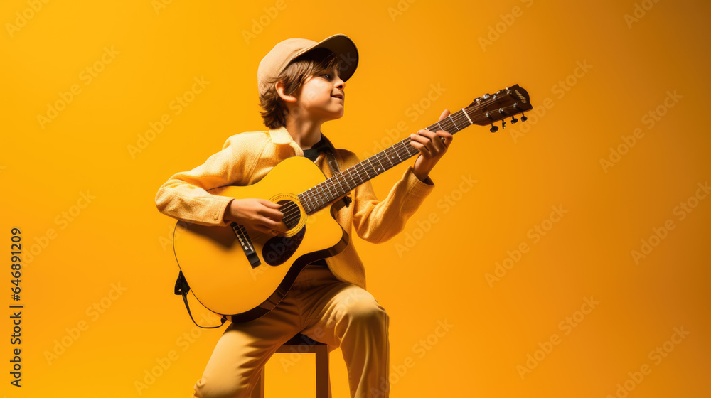 Teenage boy playing guitar on yellow background Teenage boy playing guitar on yellow background