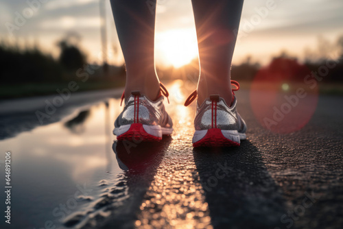 Feet of athlete running on the road