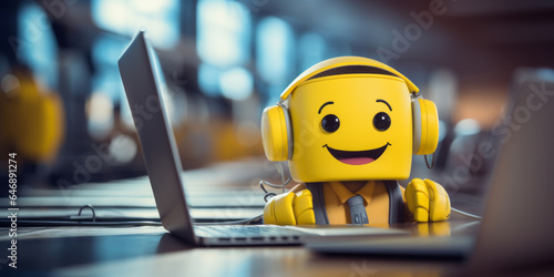 Friendly call centre worker.  Smiley face. Emoji. Friendly customer service. Cute mascot. Computer help. Friendly robot. Automated call centre worker. AI bot. Artificial Intelligence.