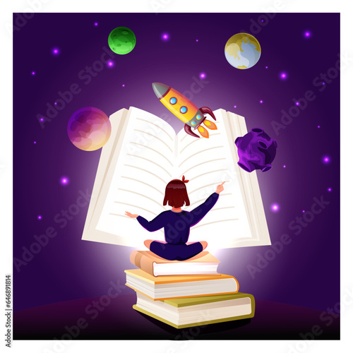 Vector illustration of open book with space elements - space shuttle, planets, stars, Earth. Girl read open book shows the universe. Imagination concept for world book day.