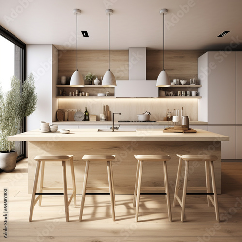 Fondo con detalle de cocina con muebles de color blanco a conjunto con partes de madera clara y entrada de luz