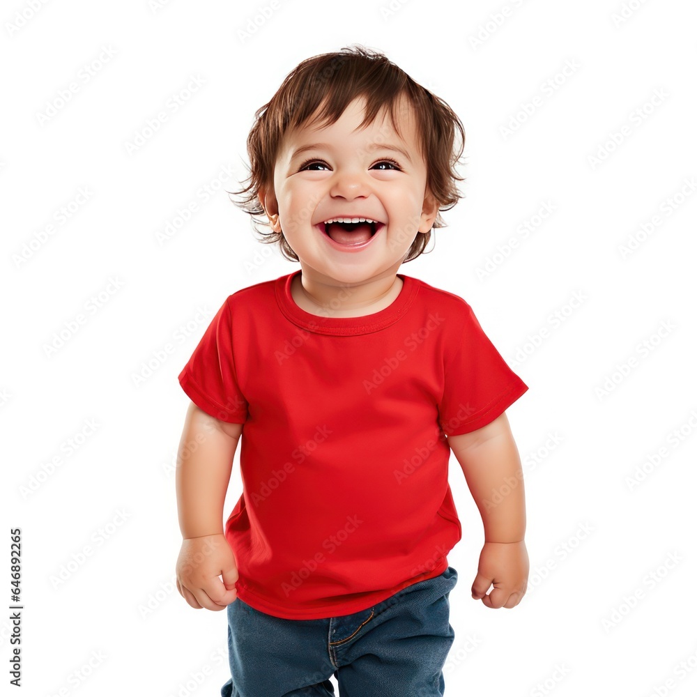 Happy Toddler Modeling Blank Red T-shirt cute laughing or smiling face Happy Toddler Modeling Blank Red T-shirt cute laughing or smiling face