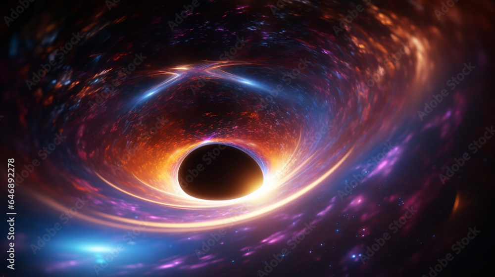 Black hole with a glowing constellation of various colors revolves around a black hole in the universe.