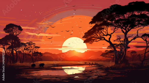 vector art of Color sunset scene African landscape with silhouette wild beast vector illustration.generative ai