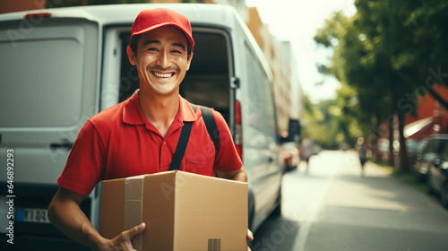 Young smiling courier in a red uniform with a box in his hands stands against the backdrop of a postal van. © Andrey_Lobachev