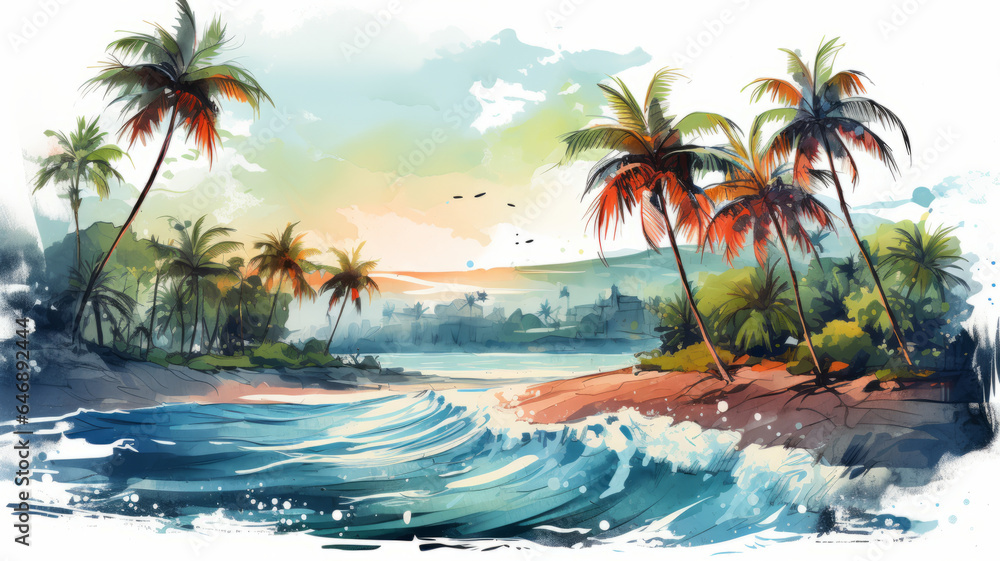 vector art of Holiday summer travel vacation illustration - Watercolor painting of palms.generative ai