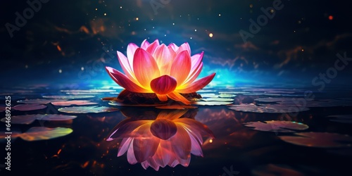 Lotus Flower on Moonlit Lake with Vivid Color and Neon Abstract